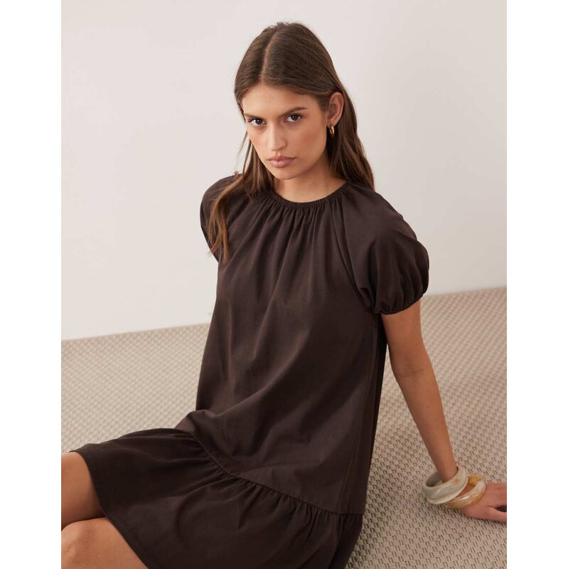 ASOS DESIGN puff sleeve mini dress with gathering details in chocolate-Multi