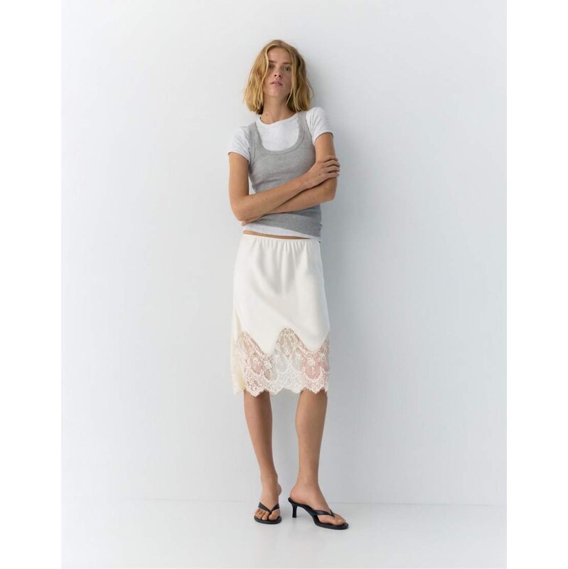 Pull&Bear Lingerie detail midi skirt in beige-Neutral 115011816