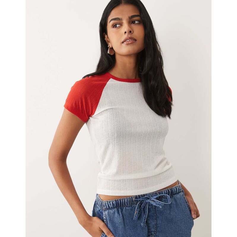 ASOS DESIGN fitted textured mesh raglan t-shirt in red and white