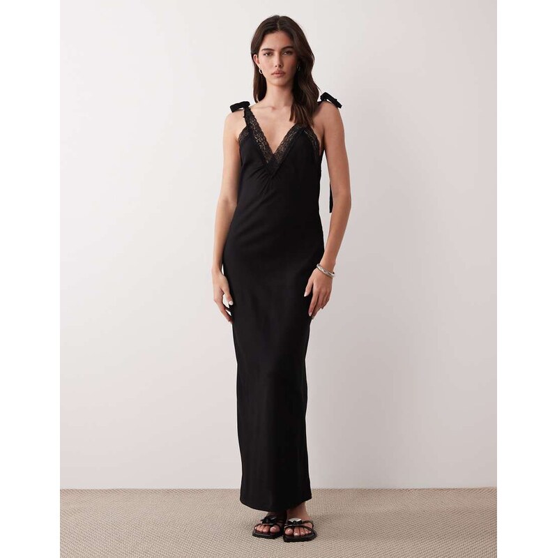 ASOS DESIGN slip maxi dress with lace trims and ties in black