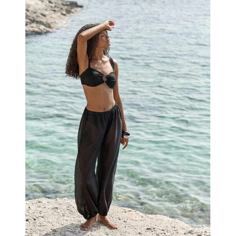 4th & Reckless semi sheer balloon leg beach trouser in black 115007183
