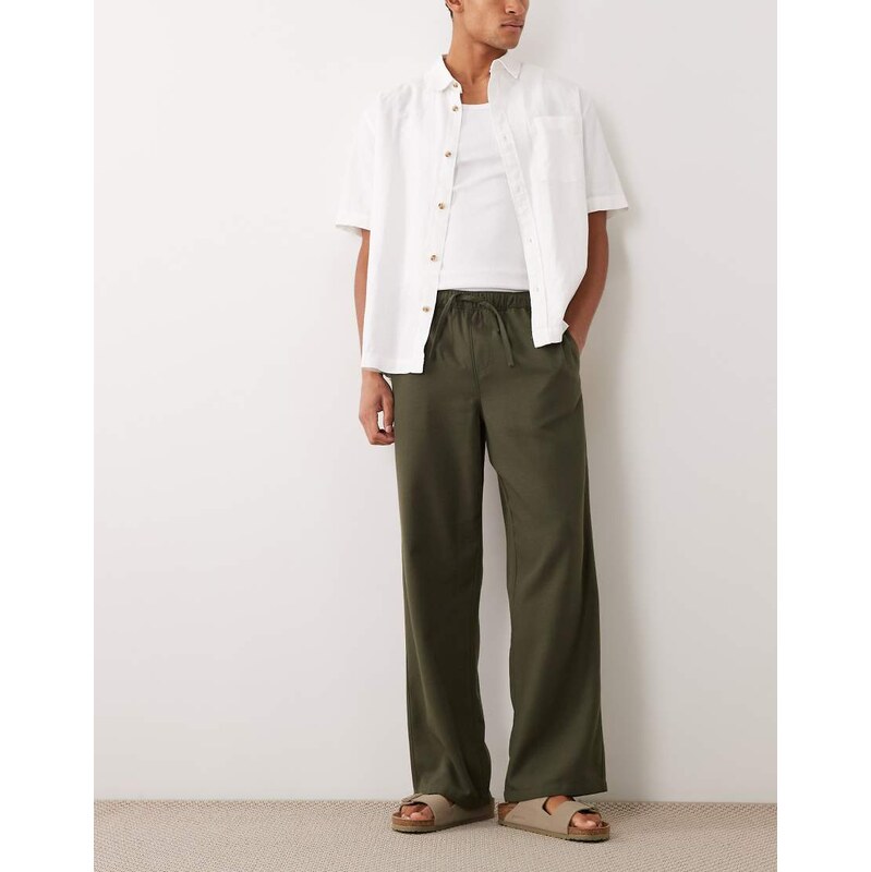 New Look wide leg linen look trousers in khaki-Green