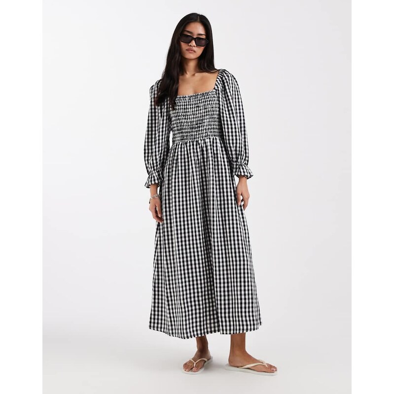 New Look shirred milkmaid midi dress in black gingham
