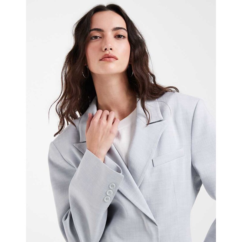 ASOS DESIGN linen look double breasted blazer in light blue-Navy