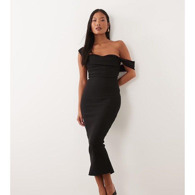 Vesper Petite bengaline bardot off shoulder bodycon midaxi dress in 115052380