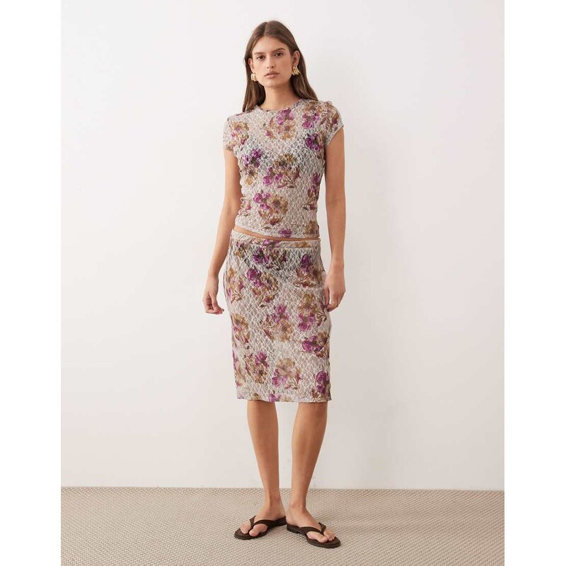 ASOS DESIGN co-ord low rise printed lace knee length skirt in