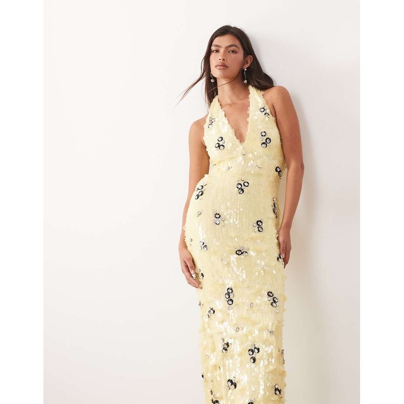 ARRANGE crystal embellished plunge halter column maxi dress in butter 115005267
