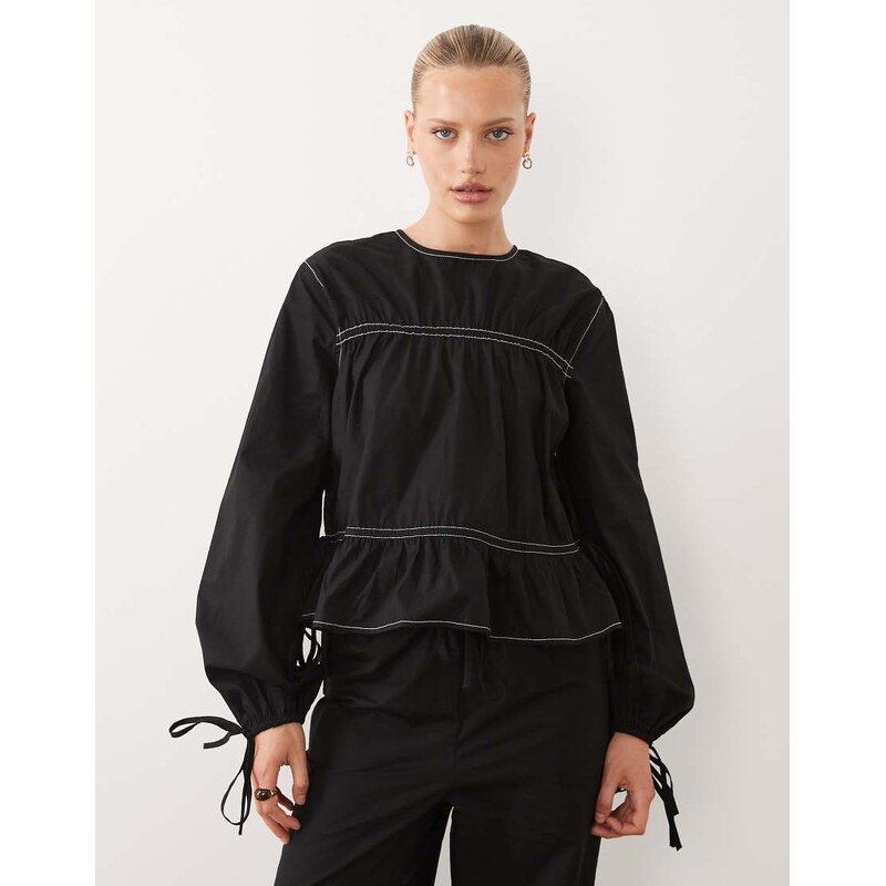 ASOS DESIGN contrast stitch smocked co-ord top in black