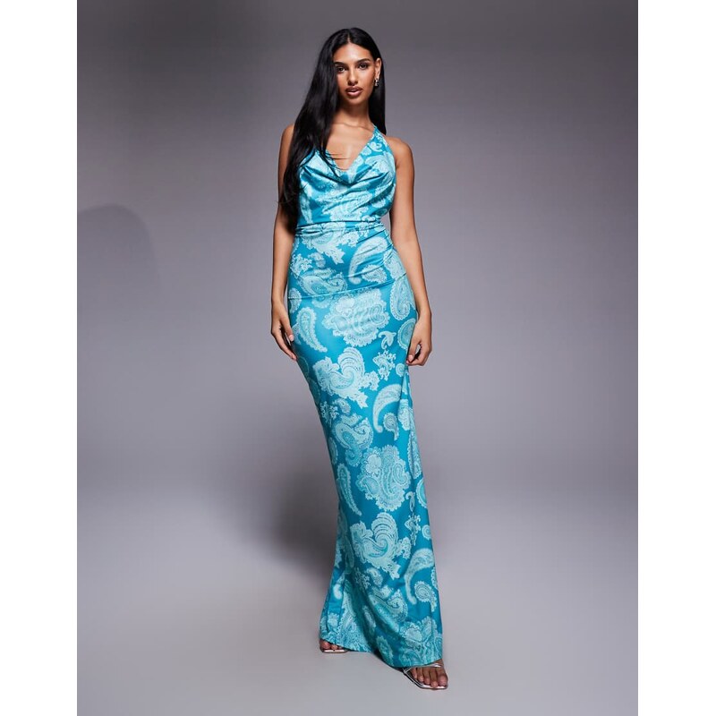 South Beach halterneck maxi beach dress in blue paisley print