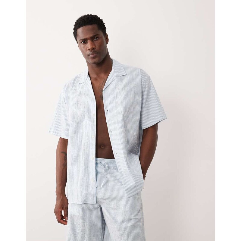 Jack & Jones revere collar seersucker co-ord shirt in blue