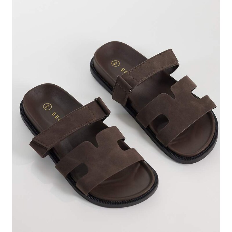 SEQWL Wide Fit Kidman sandals with straps in faux nubuck brown - BROWN 115517646