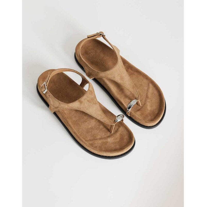 Topshop Elsie hardware footbed sandal in taupe faux suede-Green 115518274