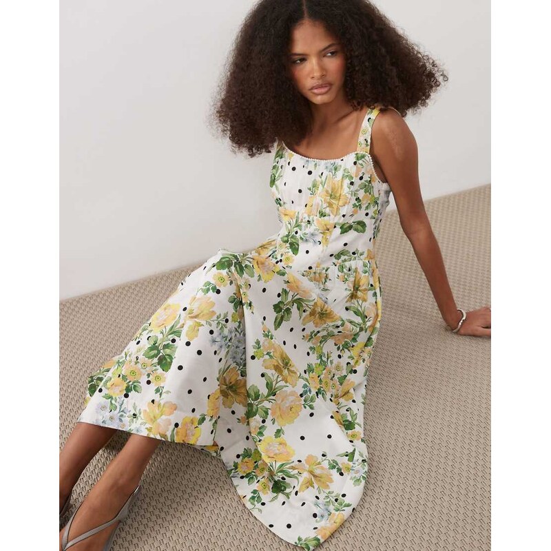 Hope & Ivy a-line strappy corset midi dress in white polka dot