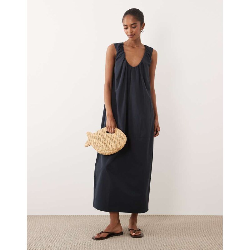 ASOS DESIGN ruched plunge barrel midi dress in navy