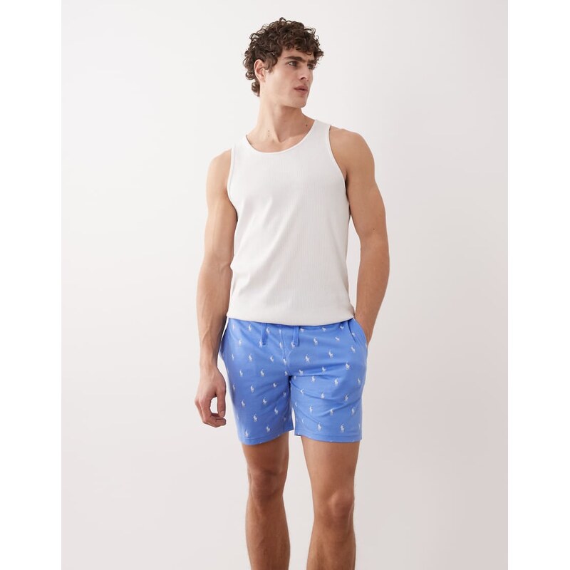 Polo Ralph Lauren all over logo jersey short in mid blue