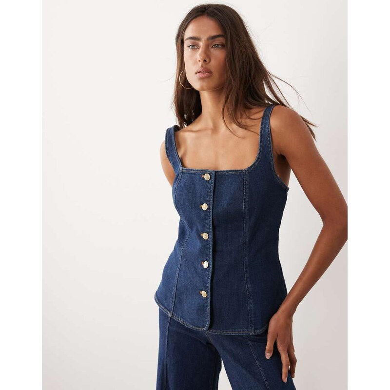 Good American denim sleeveless button front top co-ord in dark