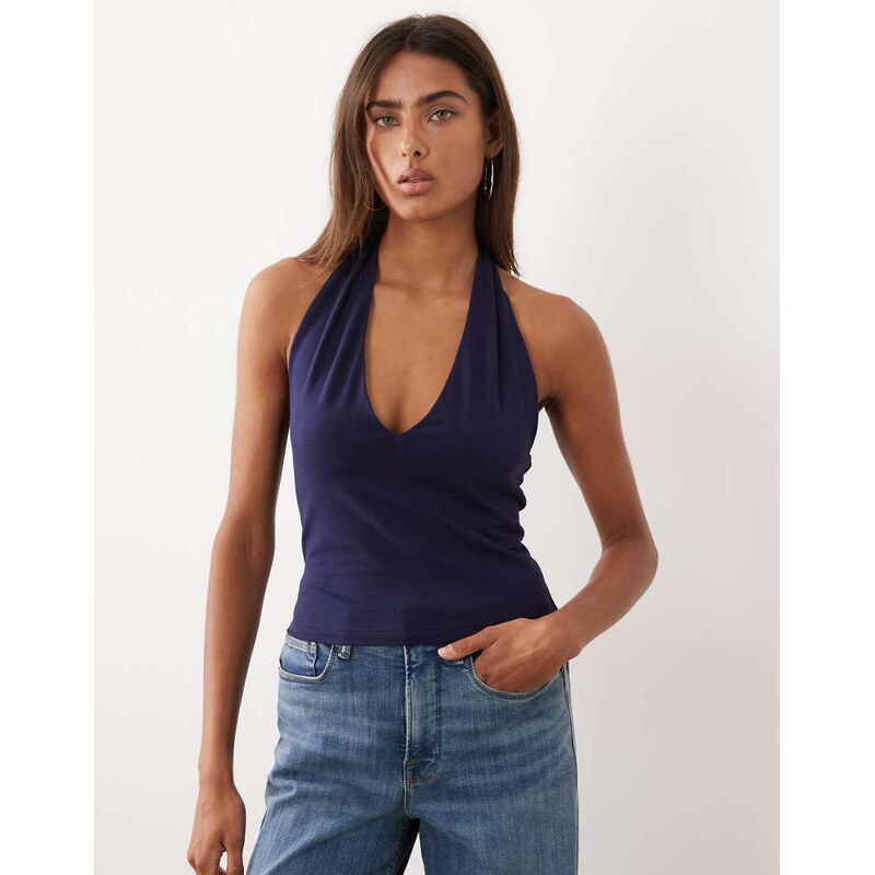 Good American cotton super stretch halter neck tank top in navy