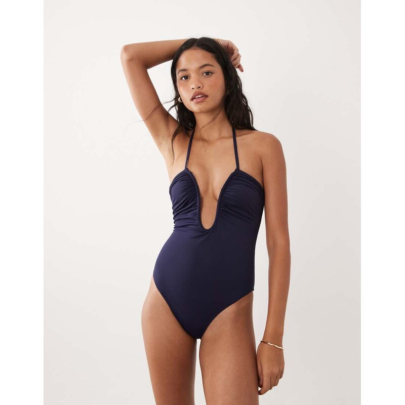 Good American matte leilani plunging one piece swimsuit in navy