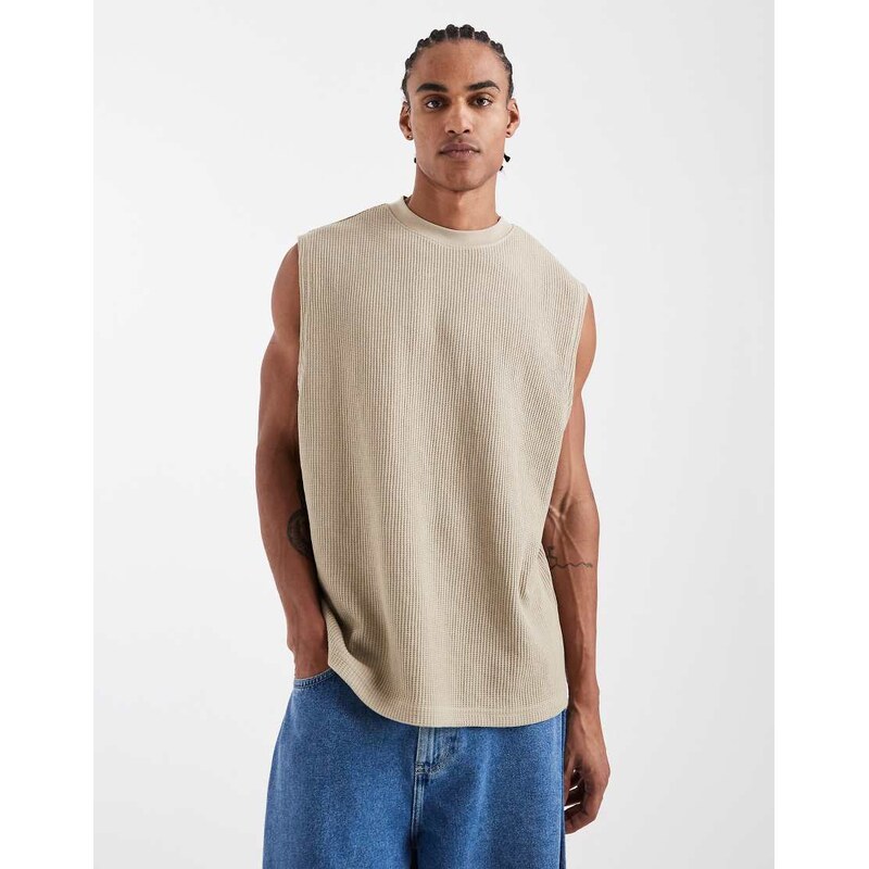 ASOS DESIGN heavyweight oversized tank in beige waffle-Neutral
