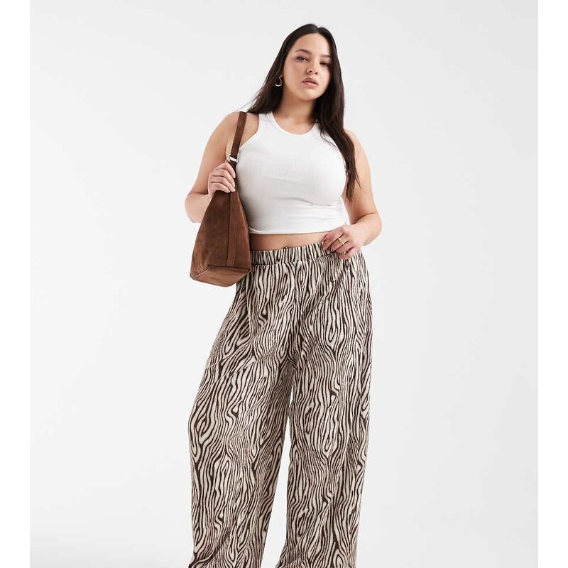 Pieces Plus Pieces Curve wide leg plisse trousers in brown animal 115537532