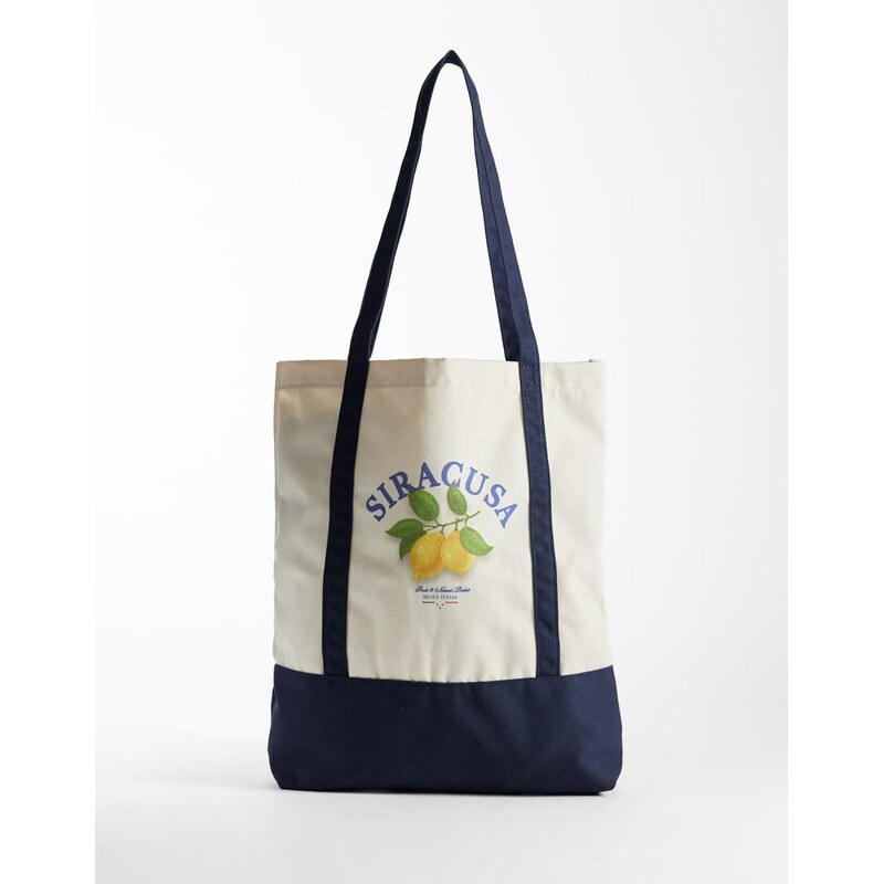 Jack & Jones canvas tote bag with lemon print in beige & blue