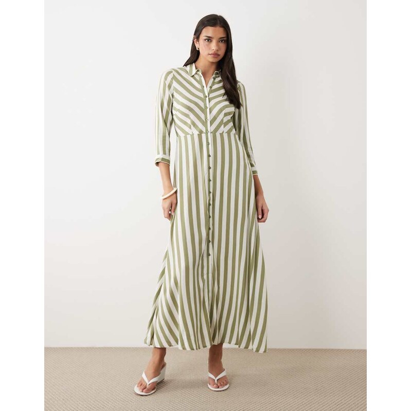 YAS maxi shirt dress in white and oil green stripe