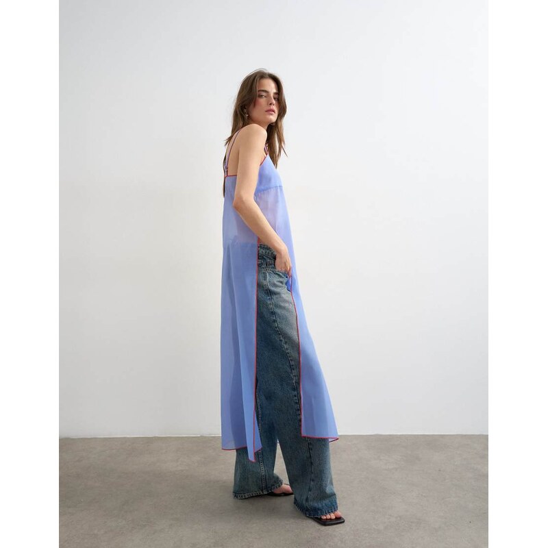 Topshop organza longline cami in blue with contrast orange