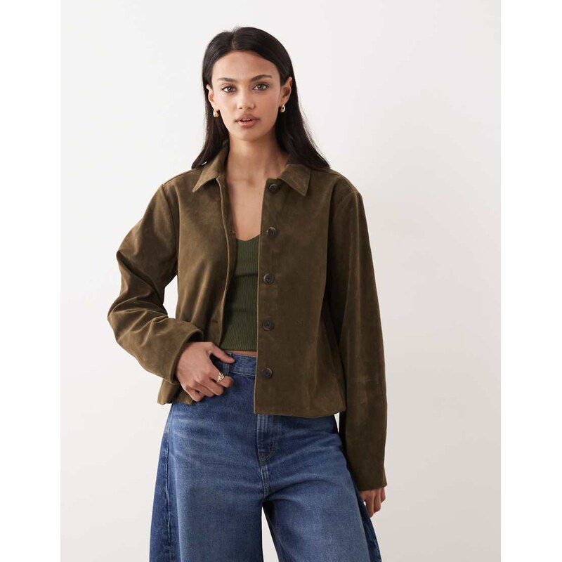 Gina Tricot faux suede short jacket in khaki-Green