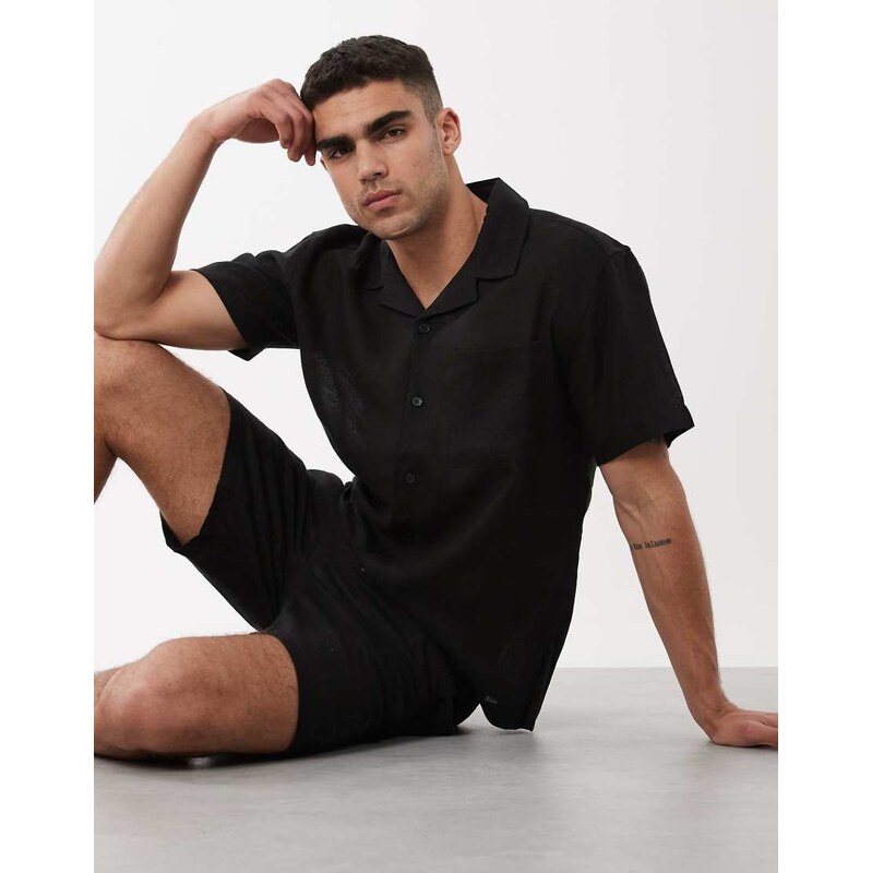 ONLY & SONS linen rich relaxed shirt co-ord in black