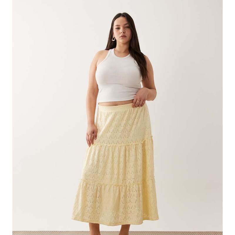Vila Curve tiered pointelle midi skirt in pastel yellow