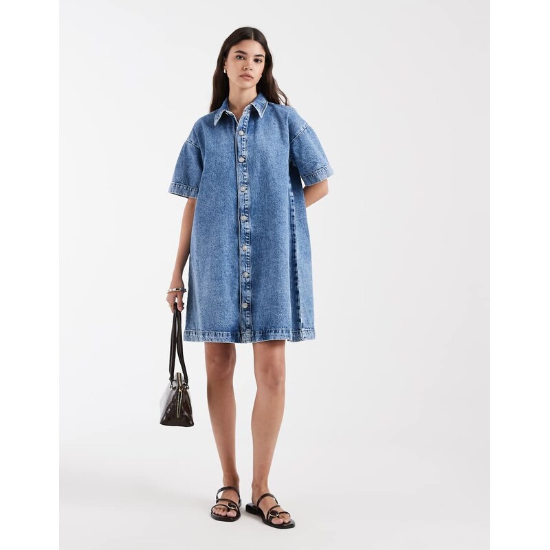 Pieces denim mini shirt dress in medium blue