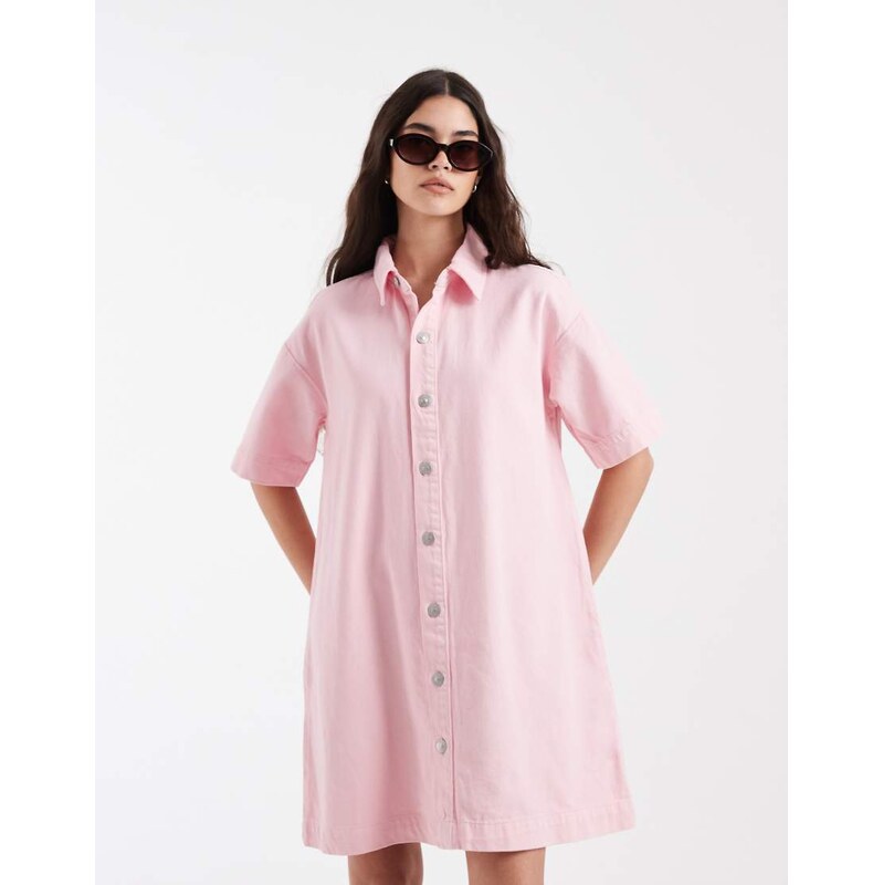 Pieces denim mini shirt dress in light pink