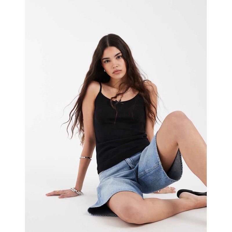 Pieces lace trim pointelle cami top in black 115005548