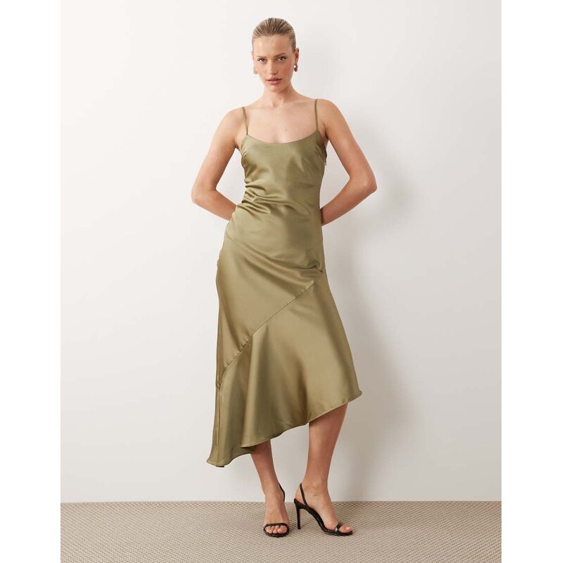 ASOS DESIGN satin asymmetric hem slip maxi dress in khaki-Green