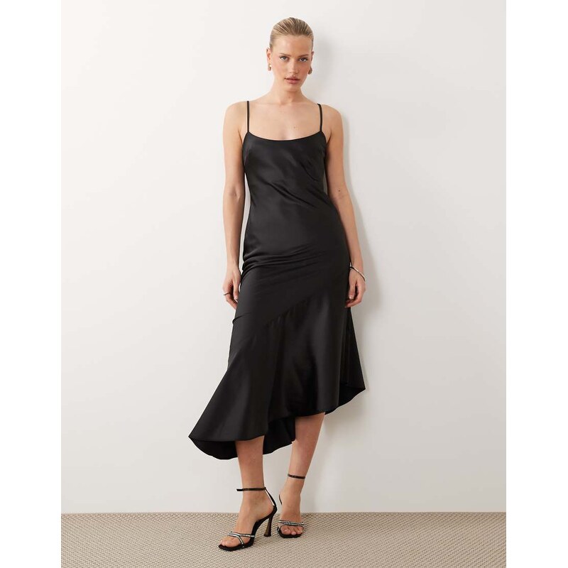 ASOS DESIGN satin asymmetric hem slip maxi dress in black-Brown
