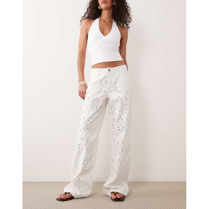 Gina Tricot broderie wide leg jeans in off white