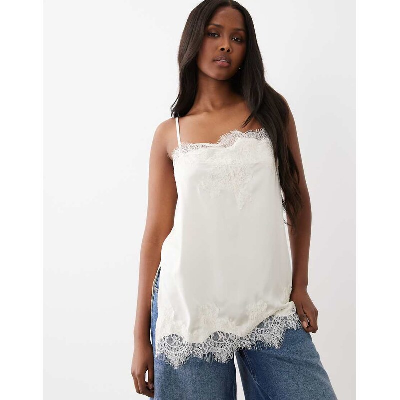 Gina Tricot satin lace detail singlet in off white