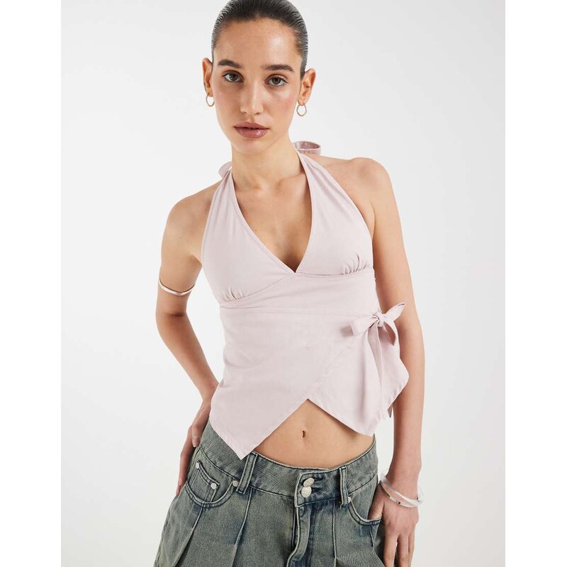 Motel Yung halter wrap twill top in sakura pink