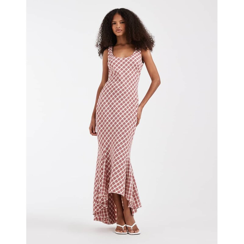 ASOS DESIGN fluted hem maxi dress in red check