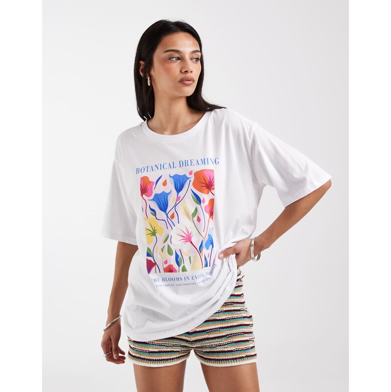 ONLY floral graphic print oversized t-shirt in white