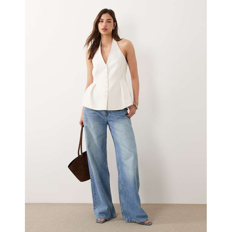 Mango Iguana tailored halterneck top in pastel yellow 115005596