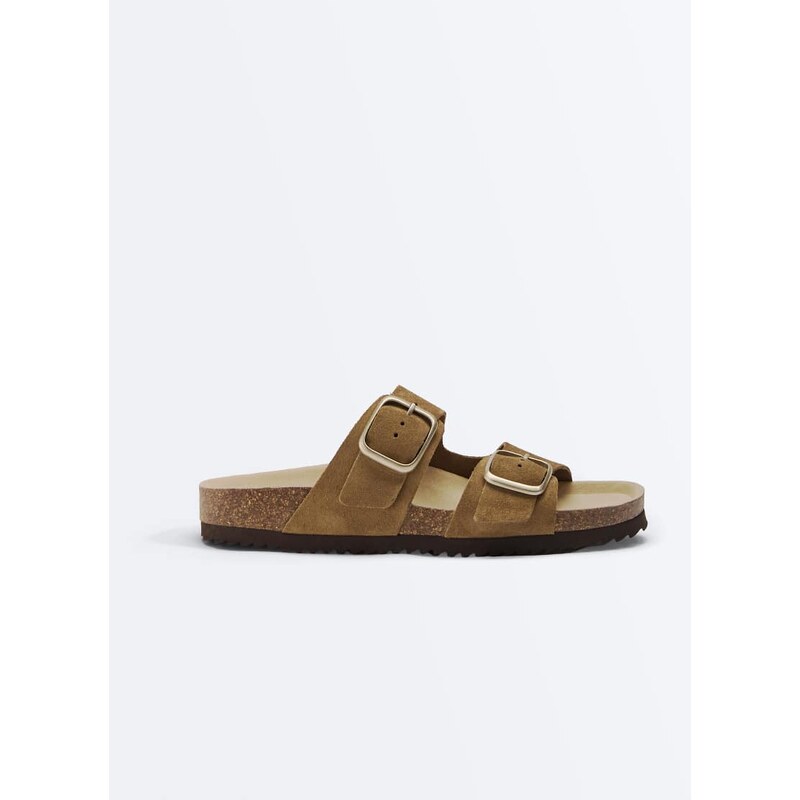 OYSHO Buckle split-leather sandal in mole-Neutral