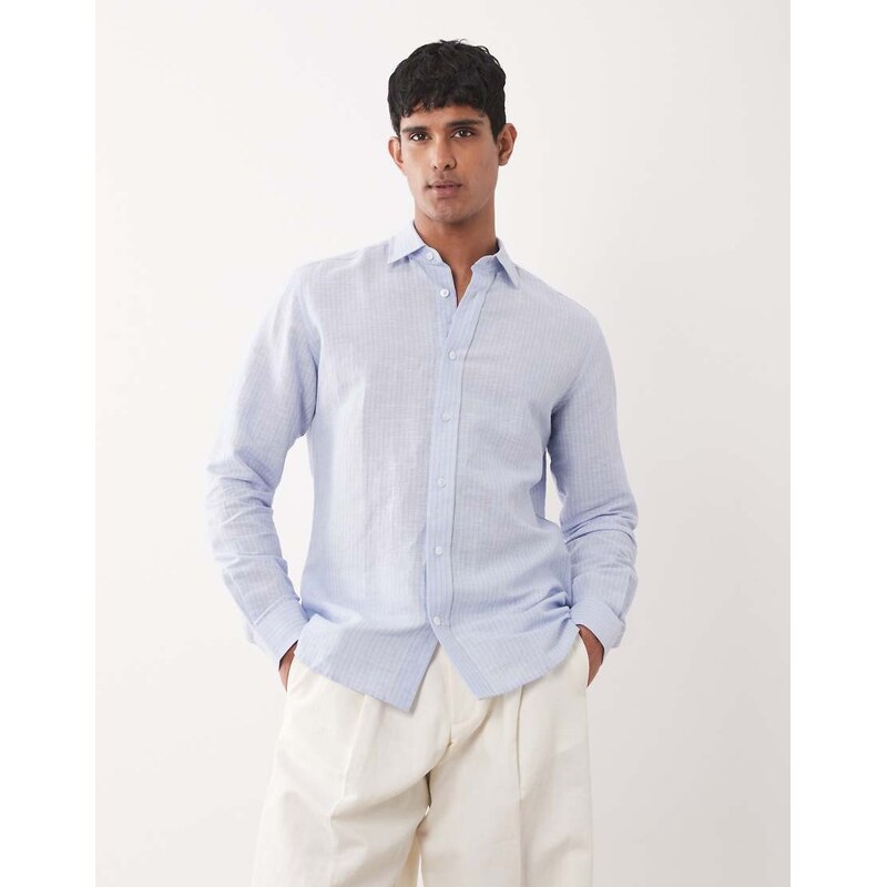 Mango linen mix long sleeve striped shirt in light blue