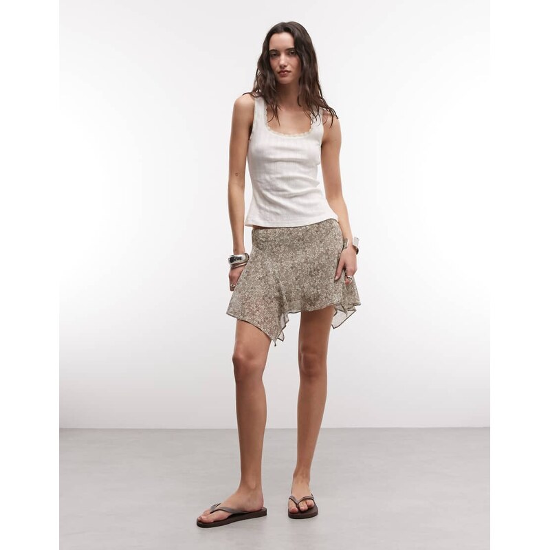 Monki asymmetric chiffon mini skirt in brown and khaki floral