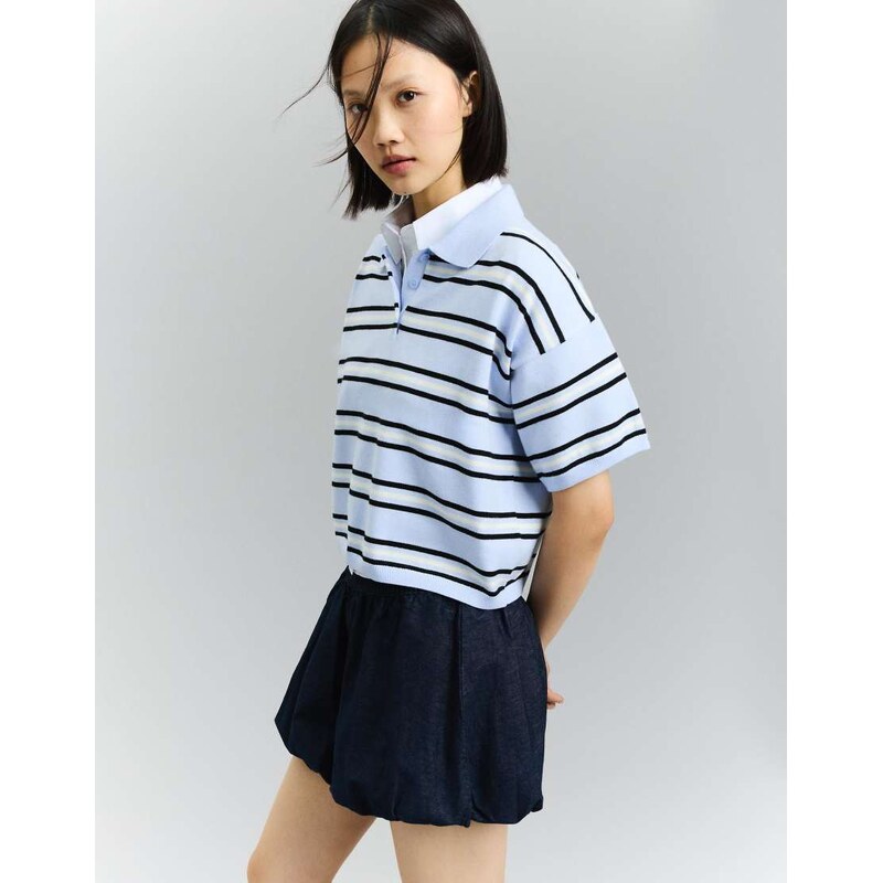 Bershka Striped polo collar jumper in denim blue 115005631