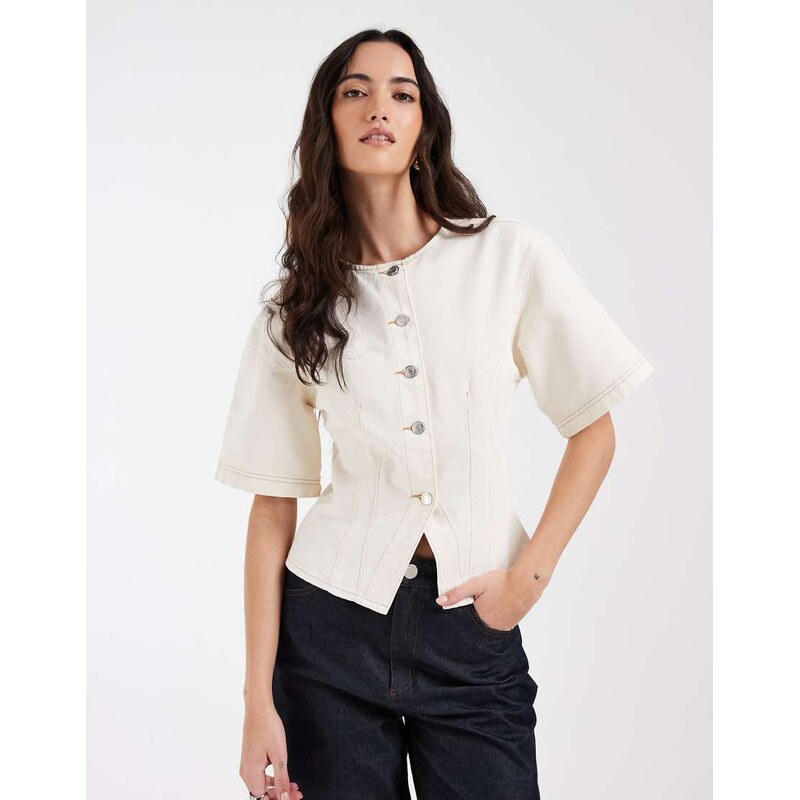ASOS DESIGN cinch top in ecru denim-White