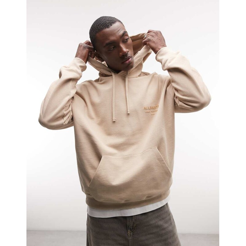 AllSaints Xander Oth graphic logo hoodie in beige-Neutral