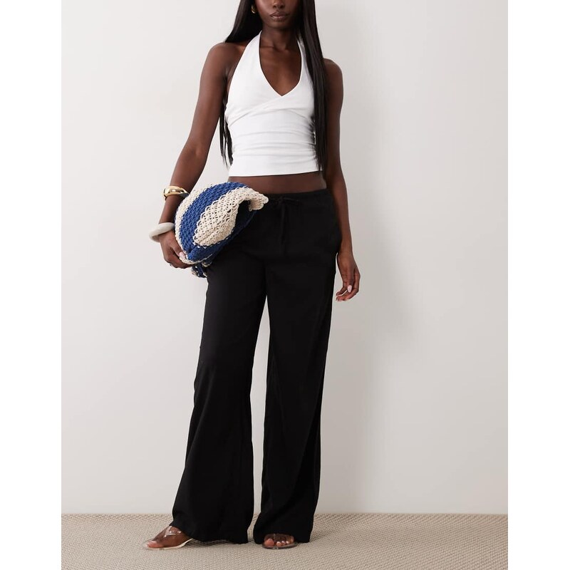 Mango Teen linen mix tie waist straight trouser in black