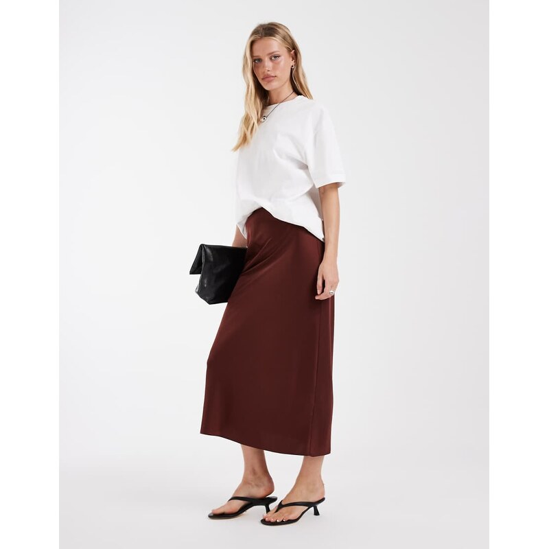 River Island satin maxi skirt in dark brown