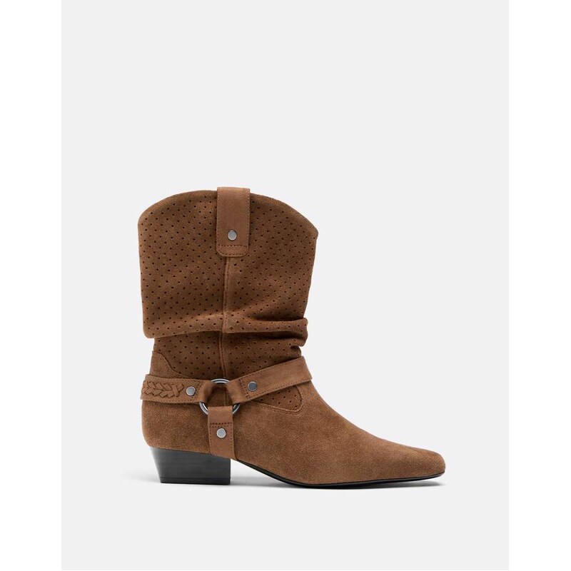 Stradivarius Slouchy openwork leather ankle boots in brown 115005657